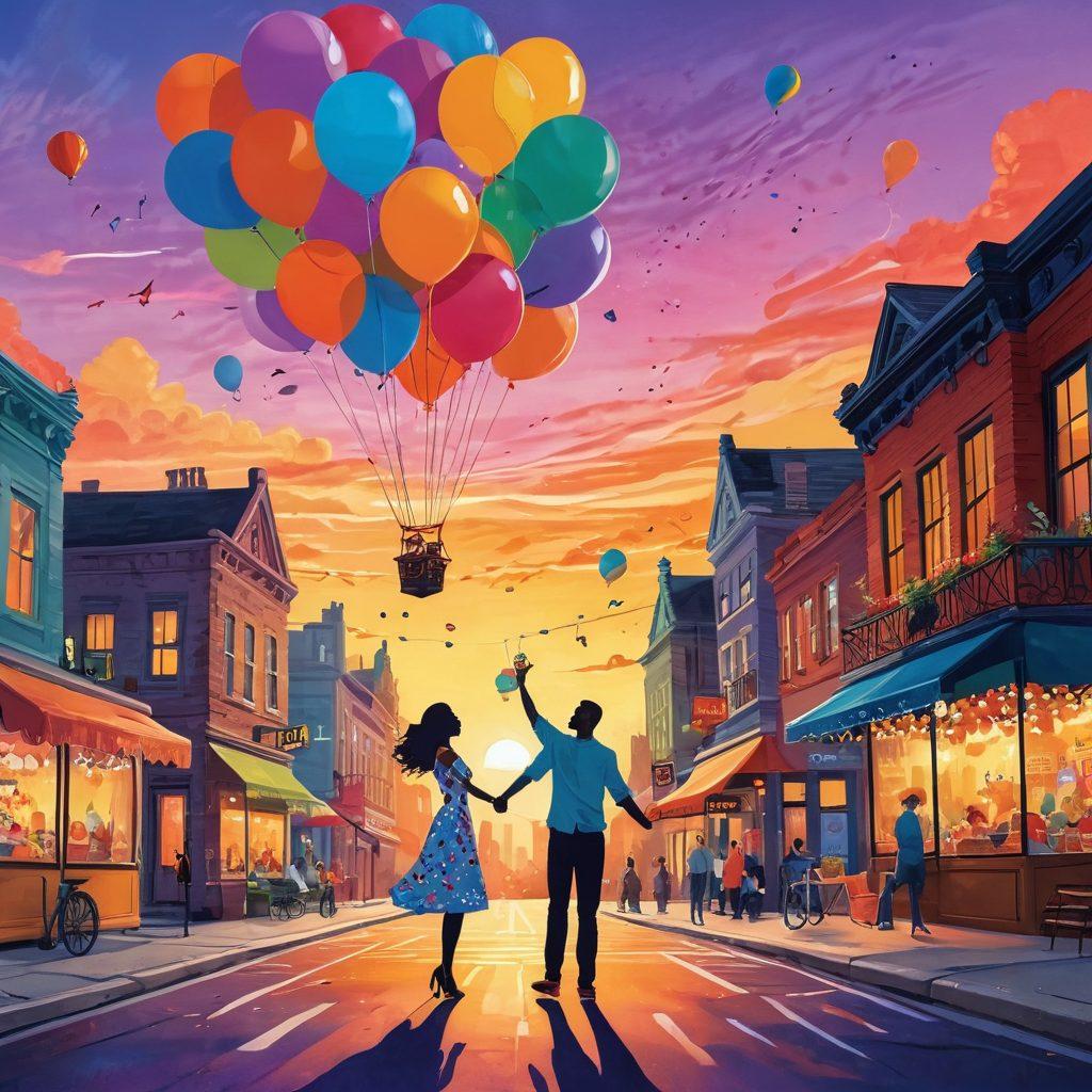 A whimsical illustration of a couple engaged in a playful, adventurous date in a vibrant cityscape, featuring quirky landmarks and colorful balloons floating around them. Include elements like a street musician, a food cart with exotic snacks, and a backdrop of a sunset sky. The couple should exhibit joy and connection, capturing the essence of deepening emotional bonds through fun experiences. bright colors. cartoon style. 