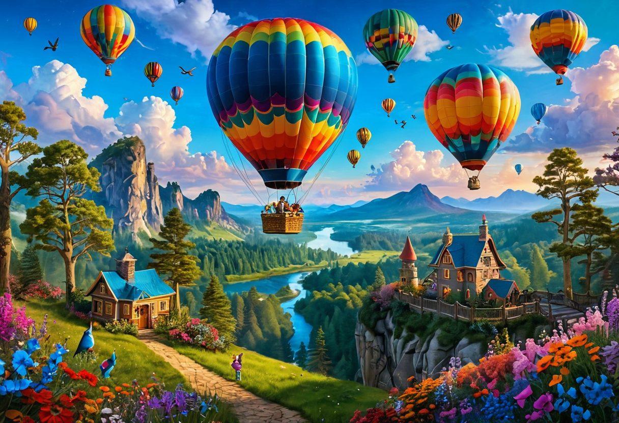 A whimsical landscape featuring a colorful hot air balloon soaring over a vibrant, enchanted forest filled with playful creatures and hidden treasures. Below, a joyful couple is embarking on a unique adventure, holding hands while laughing, surrounded by blooming flowers and quirky art installations. The sky should be bright blue with fluffy clouds, emphasizing a sense of wonder and joy. playful and dreamy. vibrant colors. fantasy art.