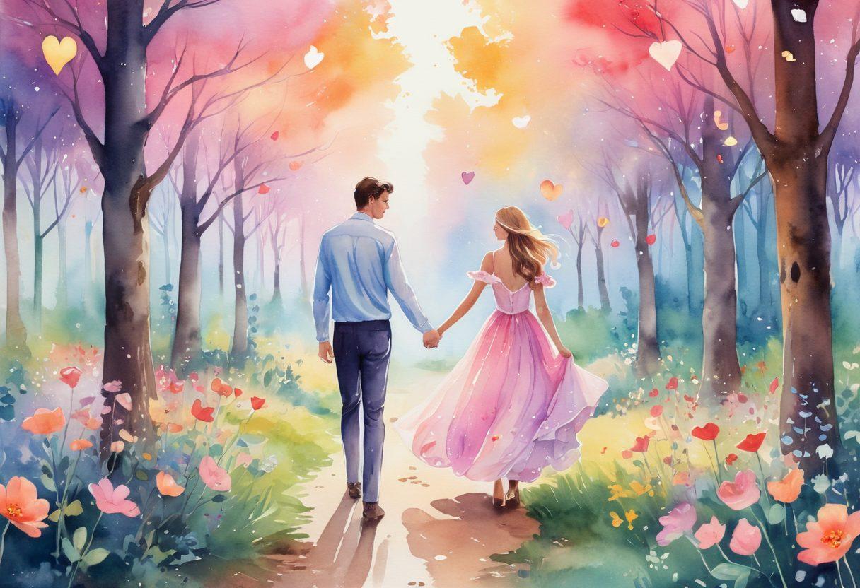 A dreamy, enchanting landscape featuring a couple walking hand-in-hand through a vibrant forest filled with oversized flowers and twinkling fairy lights. The atmosphere is playful, with soft, pastel colors that evoke joy and intimacy. Include whimsical elements like floating hearts and butterflies to symbolize love and connection. The couple should be smiling and surrounded by sparkling light effects, creating an inviting and magical mood. watercolor illustration. vibrant colors. soft focus.
